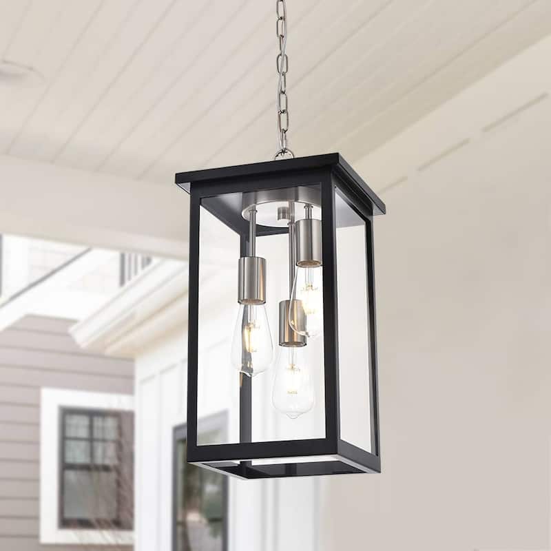 Black and Brushed Nickel Outdoor Pendant Light Fixture, Exterior Chandelier Hanging Lantern, Anti-Rust Waterproof