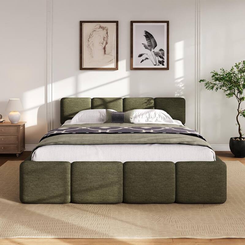 Modern Upholstered Bed Frame Block Style Grounded Bed with Thick Headboard, Lowprofile Wingback Bed Floor Bed Platform Bed Frame