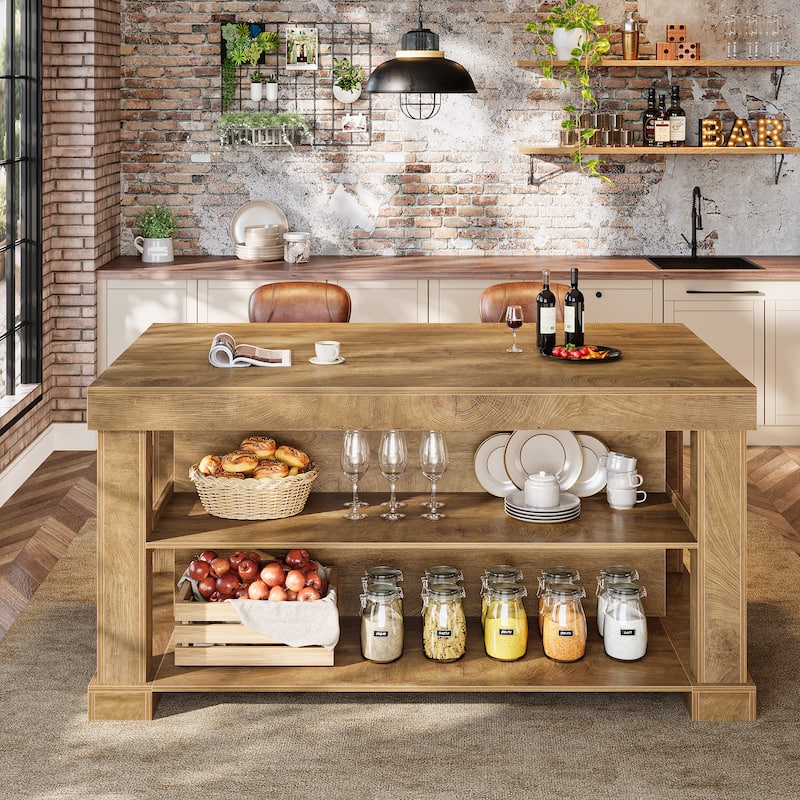 59 Inch Stationary Kitchen Island with Seating and Shelves, Farmhouse Style - 31.5" D x 55.12" W x 35.43" H