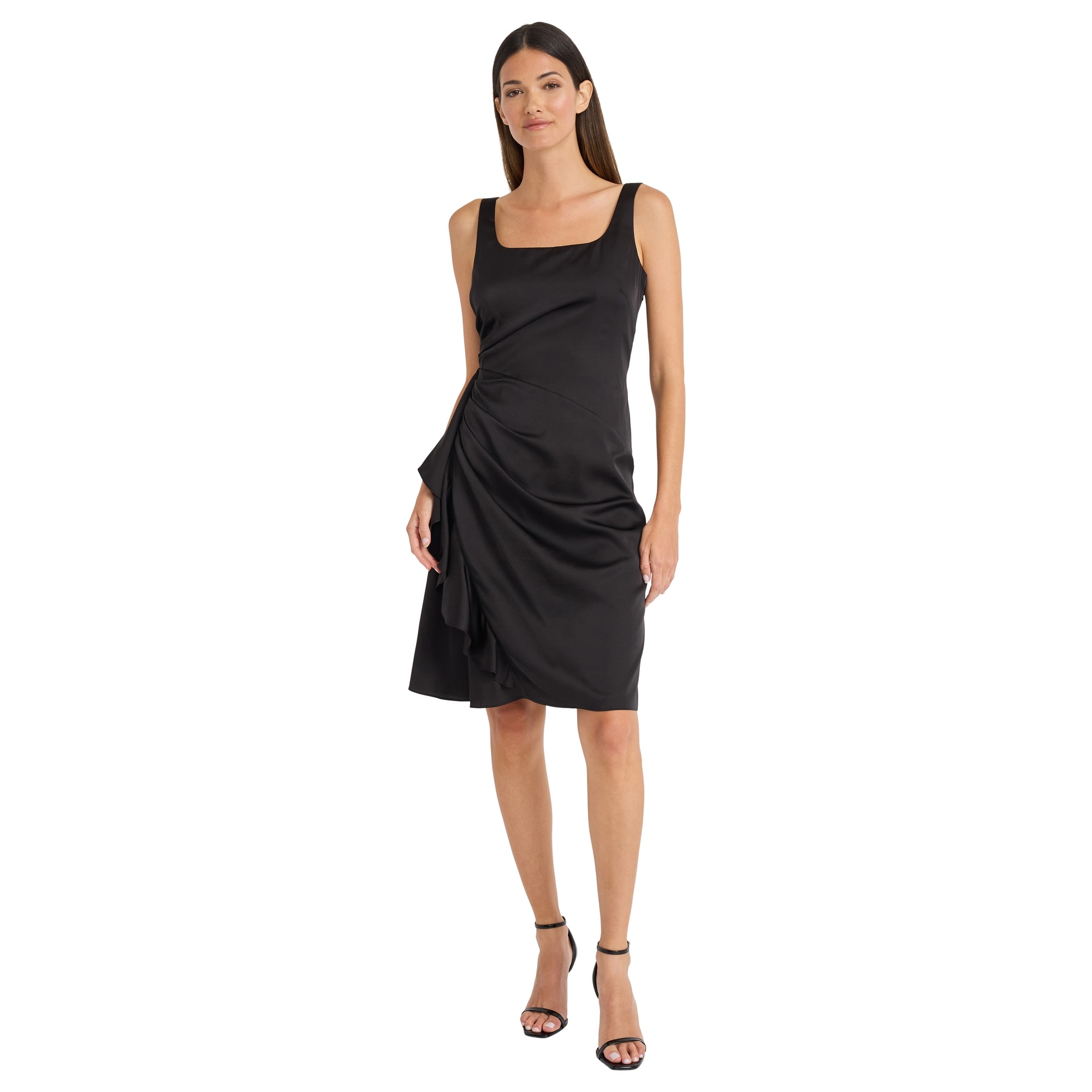 Maggy London Square Neck Sleeveless Sheath Dress With Side Ruffle And Side Zipper