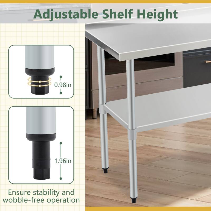 Profeeshaw Stainless Steel Work Table with Backsplash & Adjustable Shelf for Commercial Use - 48"L x 30"W x 37"H