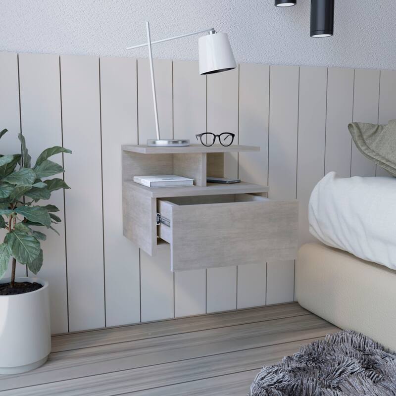 Floating Nightstand with Drawer and Open Storage Shelves, Easy Assembly