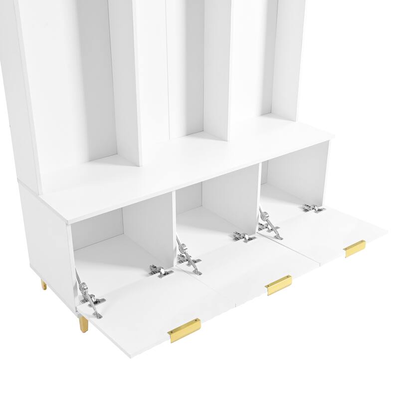 3-in-1 Hall Tree with Storage Bench & Shoe Storage, Glossy Fluted Cabinet Coat Rack with Gold Handles and Legs