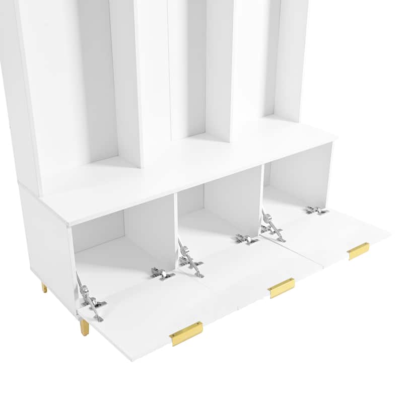 Hall Tree with Bench and Shoe Storage, Entryway Bench with Fluted Doors and Open Shelves, Coat Rack with 6 Hooks and Legs