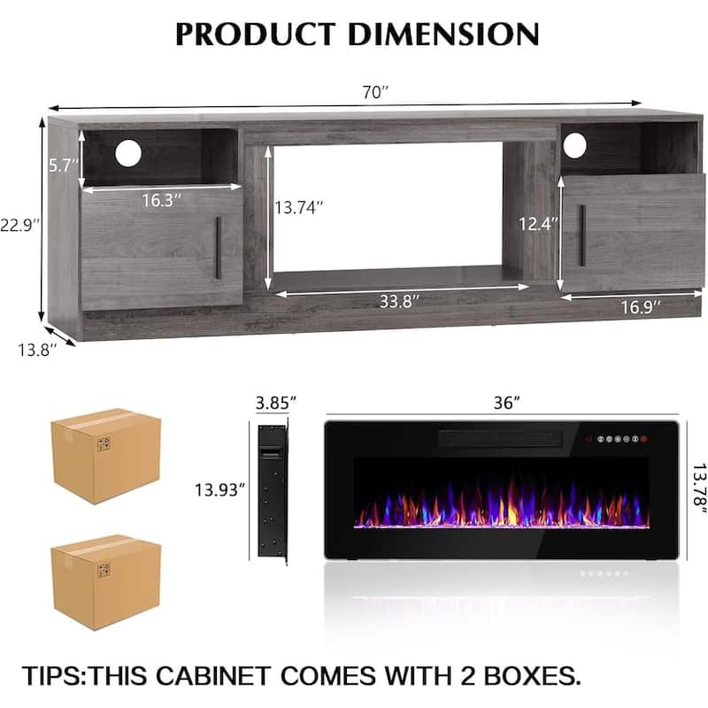 Bossin 70" Fireplace TV Stand with 36" Electric Fireplace, TV Stand for TVs Up to 80", 16 Colors LED Lights/Entertainment Center
