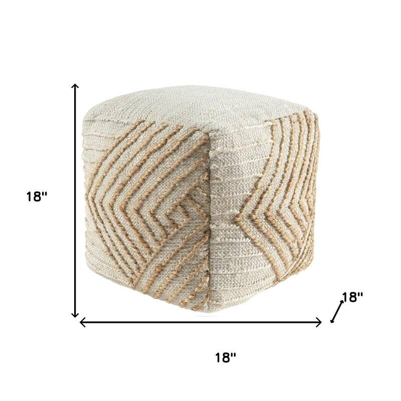 HomeRoots 18" Natural and Off White Cotton Jute And Wool Geometric Cube Pouf Ottoman