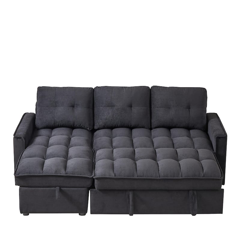 L-shaped Reclining Sofa Chenille Sectional Sofa with Storage Chaise, Pull Out Sleeper Bed, Charging Station and Side Pockets