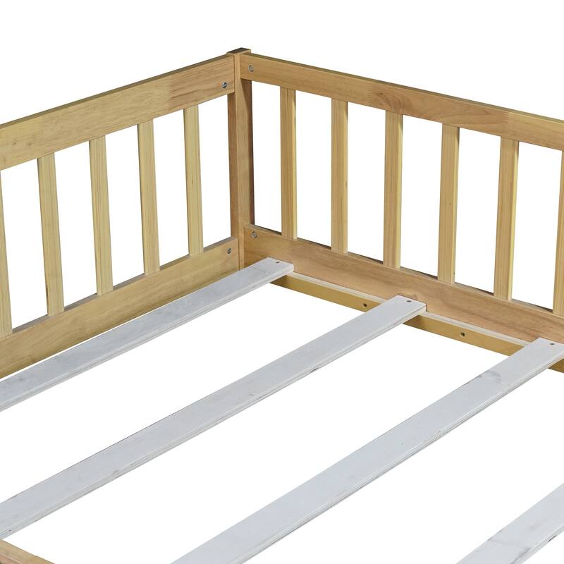 Full Size Floor Bed With Fence And Door,Rubber Wood Floor Bed With Safety Guardrails