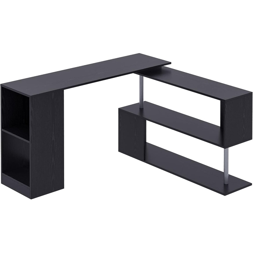 55 Inch 360° Rotating Corner L-Shaped Desk with 3-Tier Storage Shelves, Black