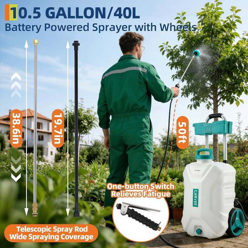 10.5 Gallons Battery Powered Backpack Sprayer with Wheeled Cart, 6 Nozzles & 2 Wands - N/A