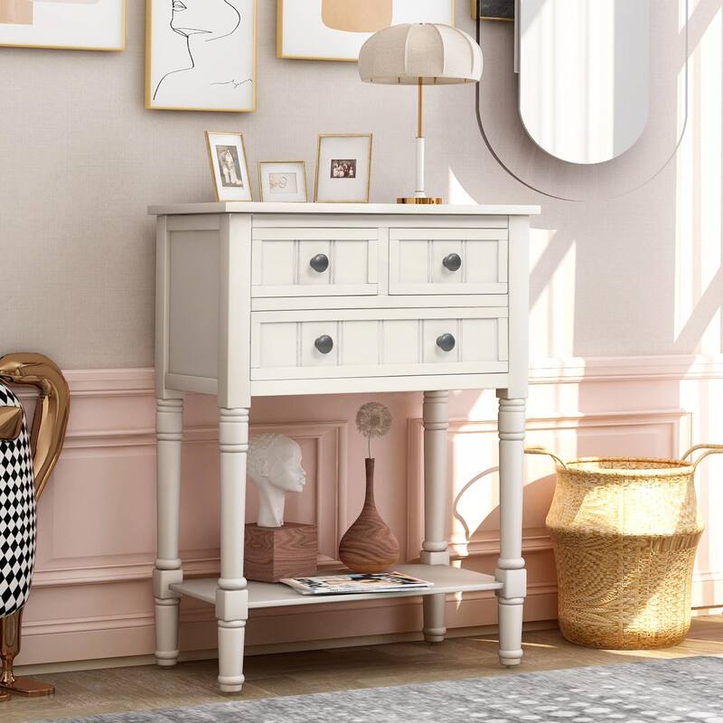 Narrow Console Table with 3 Drawers and Bottom Shelf - Ivory