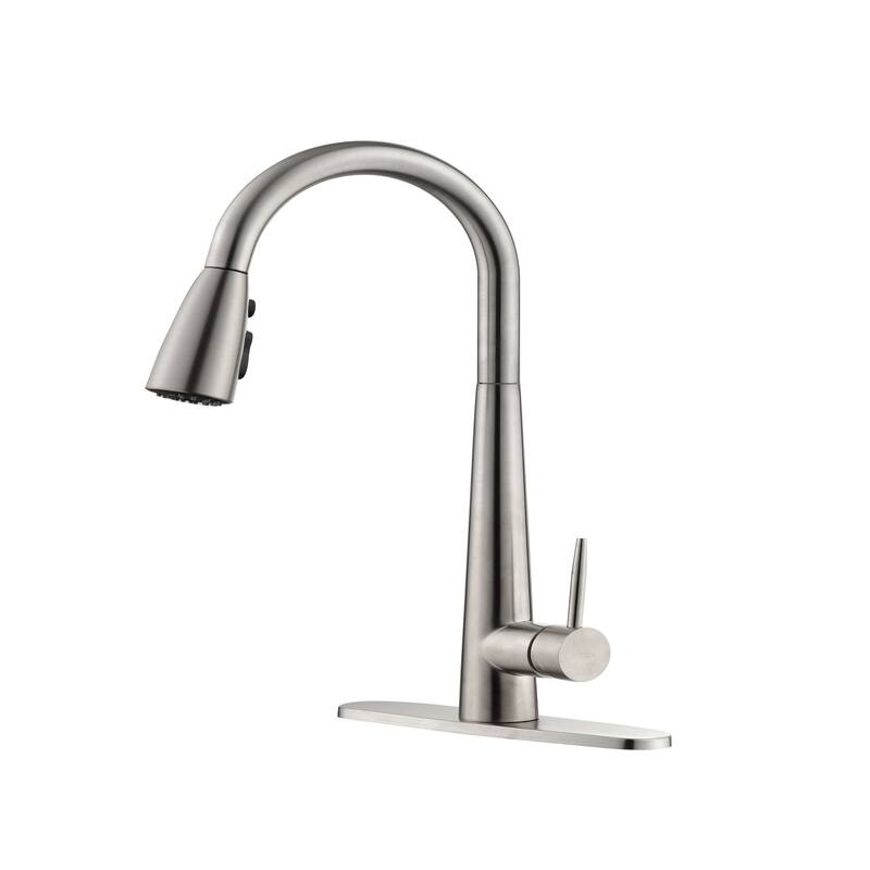 Topcraft Single Handle Pull-Out Kitchen Faucet with Base Plate - Brushed Nickel