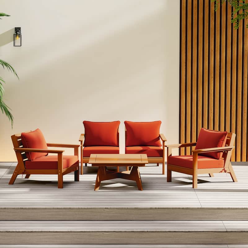 Birchwood All Weather HDPE Outdoor Patio Teak Deep Seating Conversation Set (5-Piece Set) - Teak/Orange
