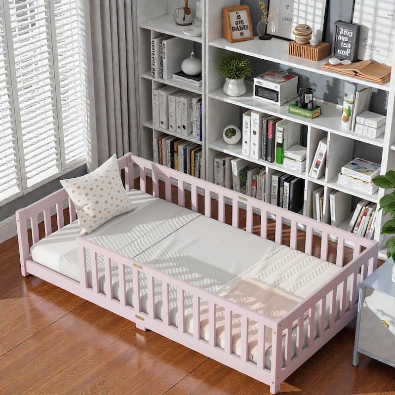 Floor Bed with Fence, Solid Rubber Wood Montessori Floor Bed with Safety Guardrails