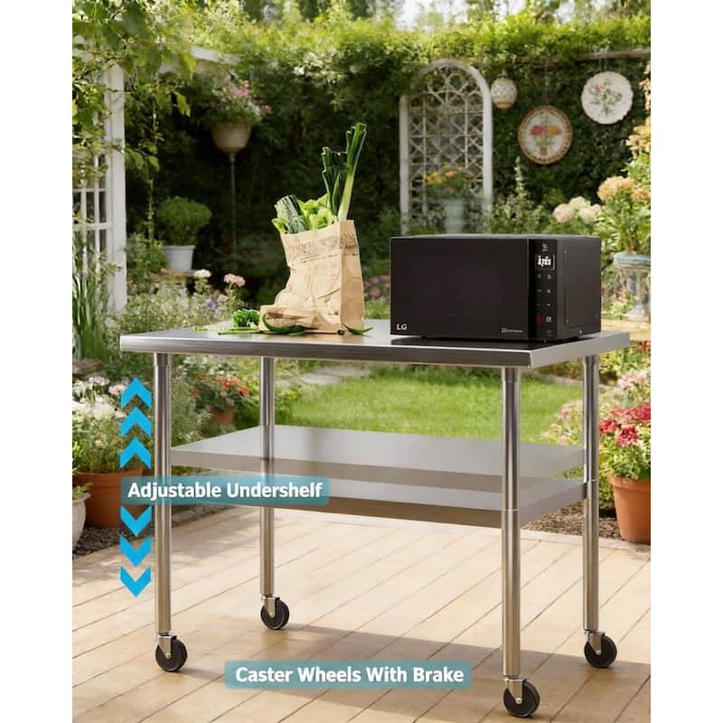 Heavy Duty Stainless Steel Work Table, with Wheels and Adjustable Bottom Shelf