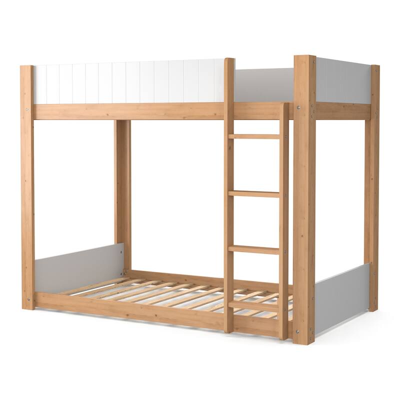 Furniture of America Oryas White and Natural Solid Wood Twin over Twin Low Profile Bunk Bed