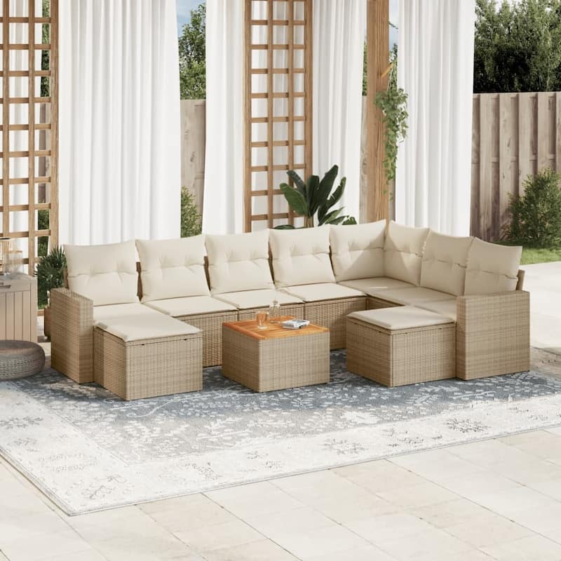 vidaXL Patio Sofa Set with Cushions Outdoor Furniture 10 Piece Poly Rattan - 21.7 x 21.7 x 14.6 - Beige and cream