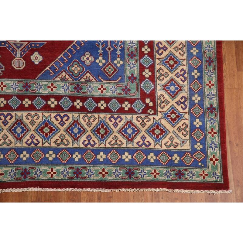 Large Red Geometric Kazak Oriental Area Rug Handmade Wool Carpet - 9'8" x 15'6"