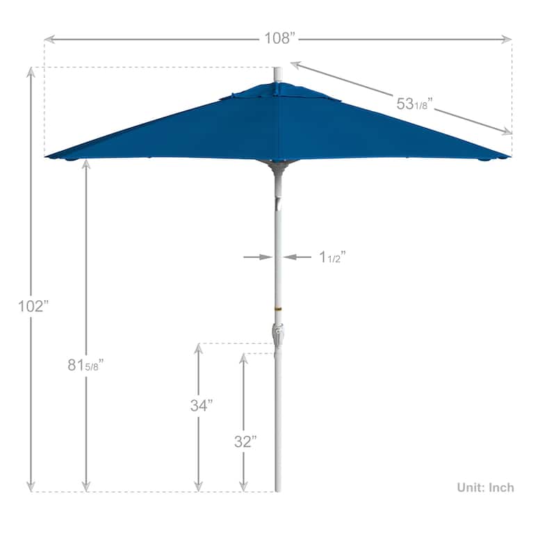 California Umbrella 9' Rd. Aluminum Patio Umbrella, Crank Lift with Push Button Tilt, White Finish, Pacifica Fabric