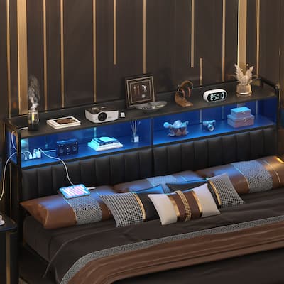 Upholstered Headboards with Charge Station and LED Light, Height Adjustable Head Board with Storage
