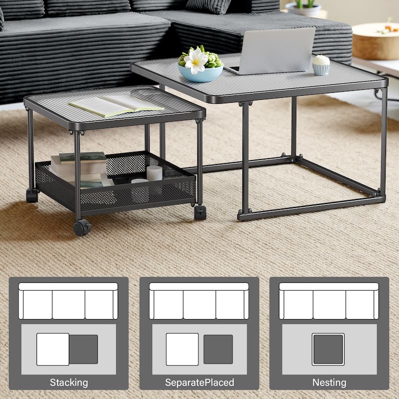 Meyreso Black Square Tempered Glass Nesting Coffee Tables with Metal Frame