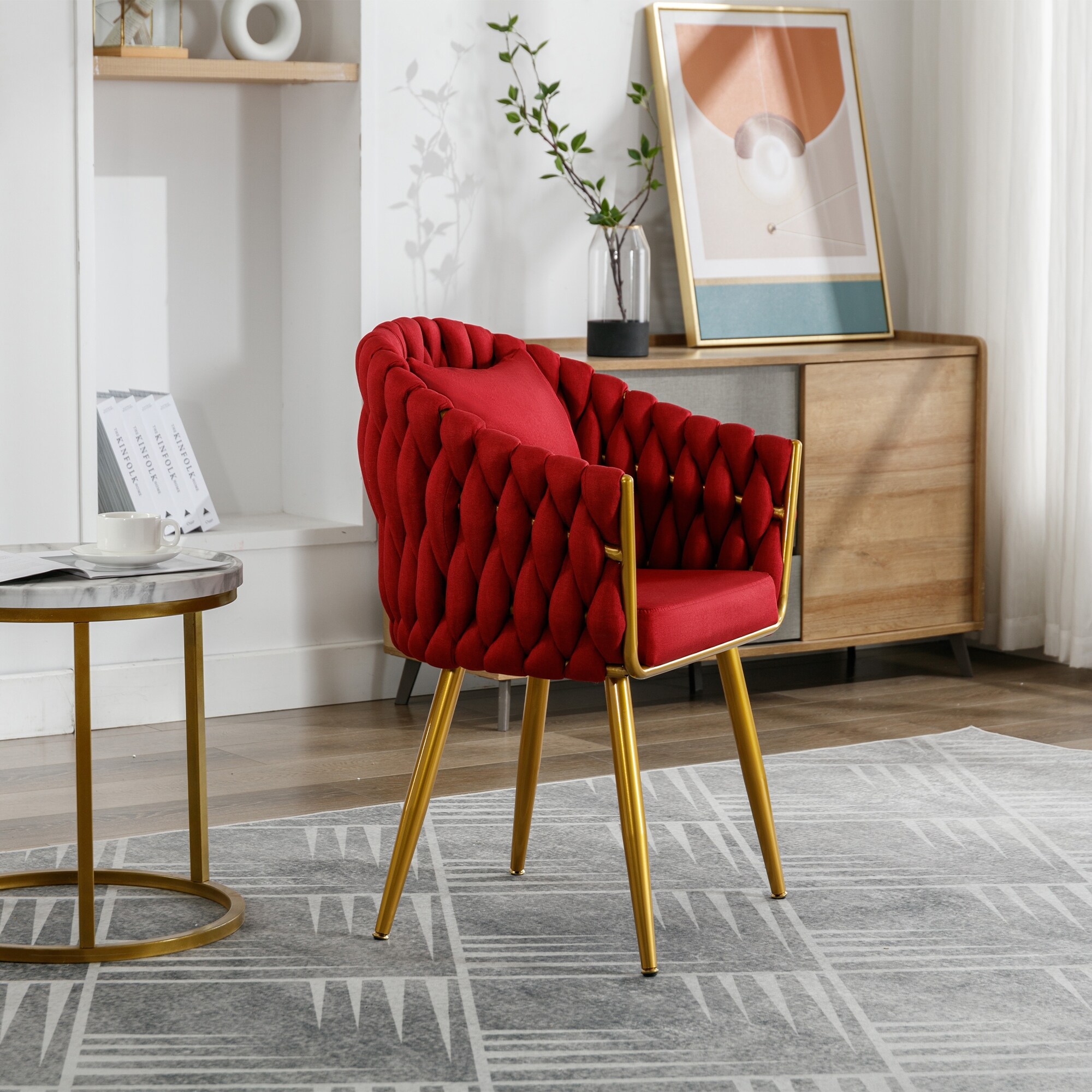 Handwoven Accent Chair Modern Upholstered Armchair with Metal