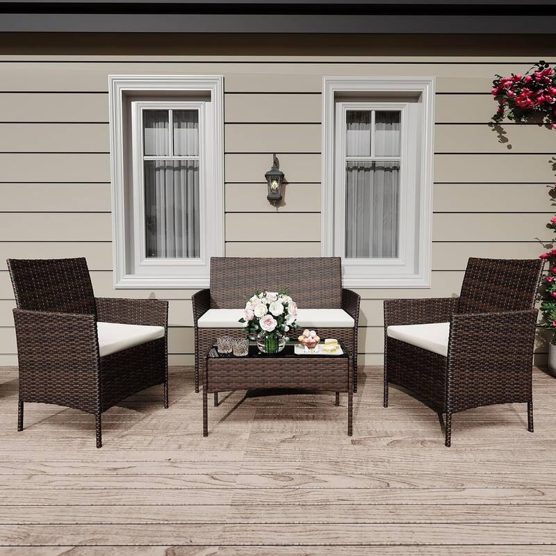 4 Pieces Patio Rattan Wicker Chairs for Garden, Yard, Pool - Brown+Beige