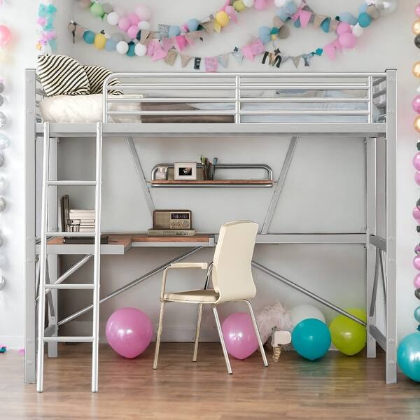 slide 2 of 11, Modern Full Size Metal MDF Loft Bed With Built-in Desk And Shelf for Bedroom Silver