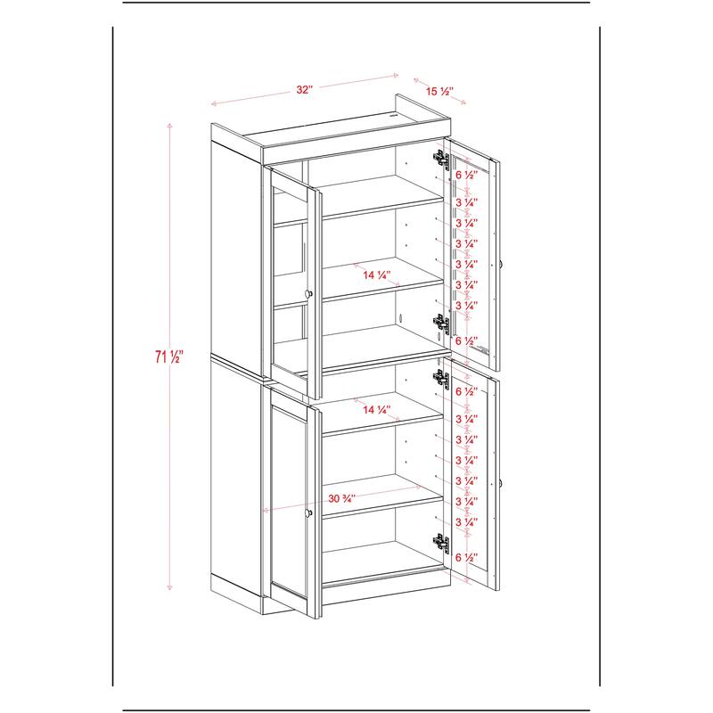 Palace Imports 100% Solid Wood 32" Pantry Cabinet with Clear Glass, Shaker Doors and Adjustable Shelves