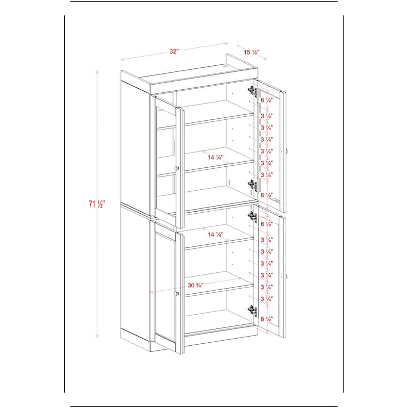 Palace Imports 100% Solid Wood Pantry Cabinet with Frosted, Clear Glass or Solid Doors and Adjustable Shelves