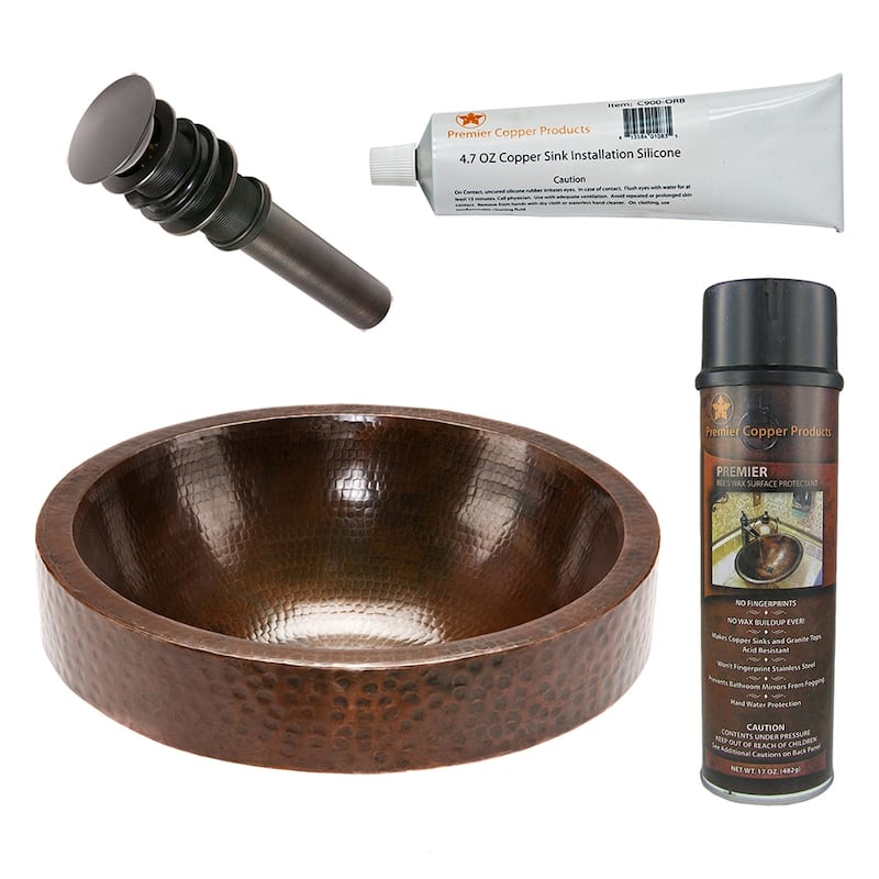 17" Round Skirted Vessel Hammered Copper Sink, Matching Drain and Accessories
