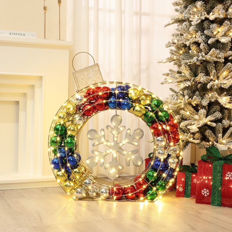 3Ft Tall Ornament and Snowflake Wreath Outdoor Holiday Decoration with Lights - 36" H x 31.5" W x 6.3" D