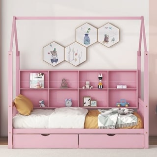 Modern Wooden House Bed Frame, Storage Shelves & Roof