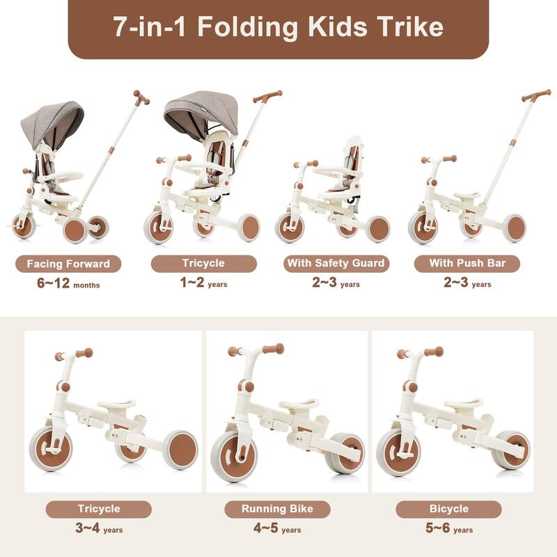 7-in-1 Baby Tricycle for Toddlers Ages 1-6, Foldable Push Trike with Parent Handle, Canopy, Guardrail & Pedals