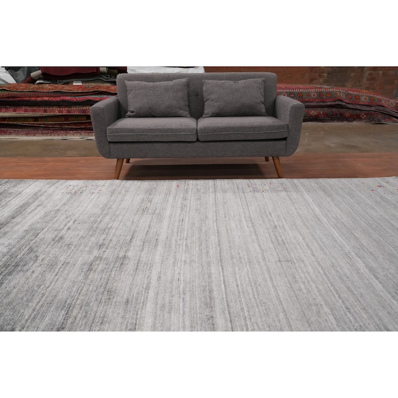 Hand Knotted Oriental Viscose Silk Carpet Tribal Animal Pictorial Greys & Charcoal Gabbeh Area Rug - 11' 9'' X 9' 2''