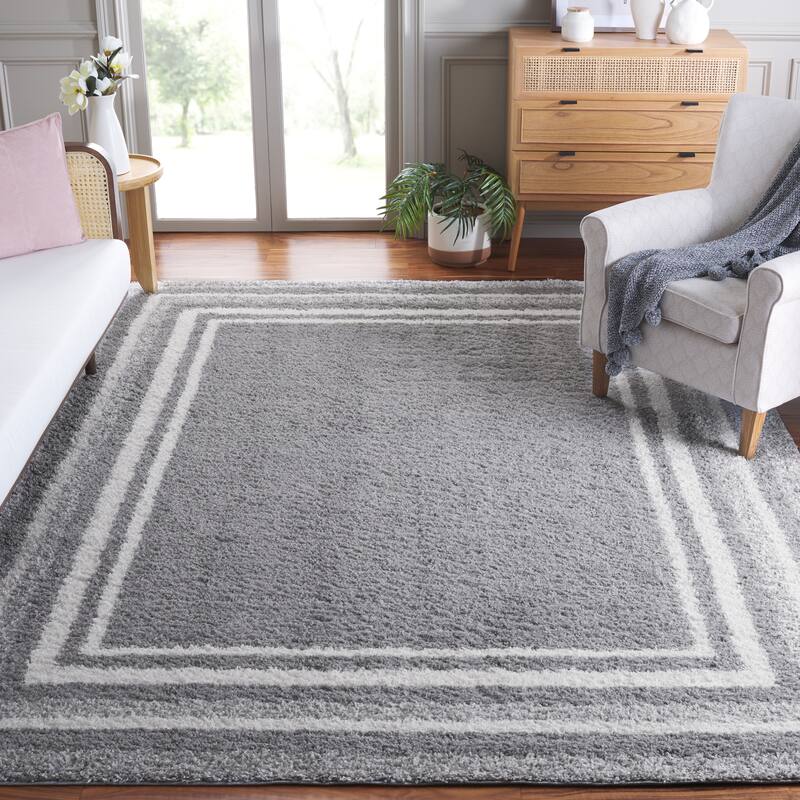 SAFAVIEH Border & Stripe Shag Rigoberta Modern 1.4-inch Thick - 9' x 12' - Grey/Ivory - Rectangle