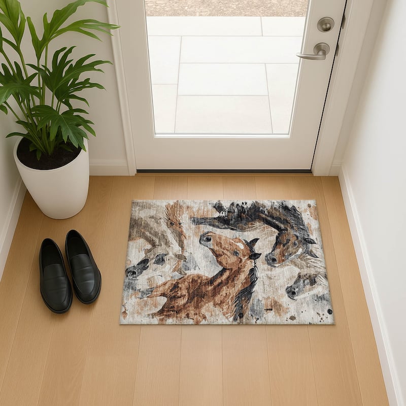 Premium Washable Super Soft Horses Mayfield Rug - Beige - 1'8" x 2'6"