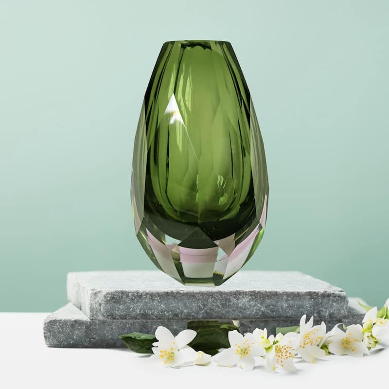Lime Green 6" Art Deco Cut Glass Squat Oval Vase for Modern Decor