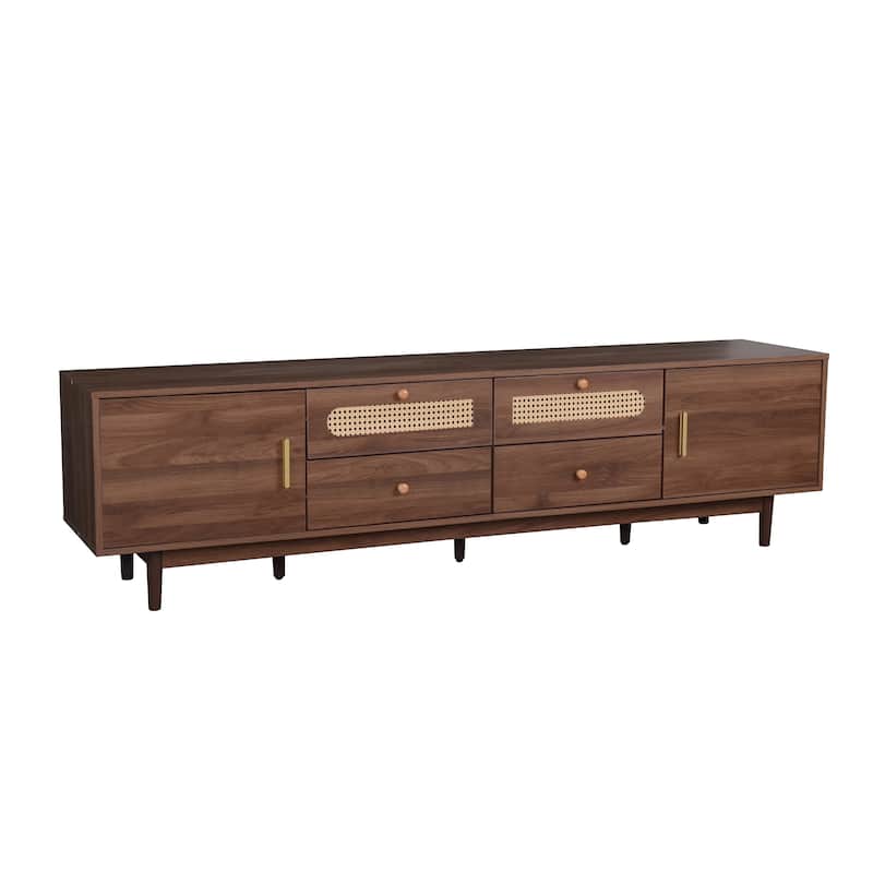 Roomfitters 76" Modern TV Stand for TVs Up to 85", Walnut Entertainment Center with Rattan Accents & Storage Cabinets