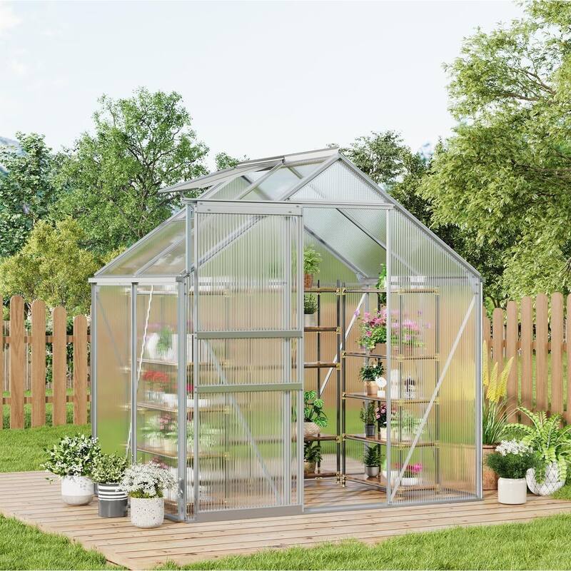 6x4FT Walk-in Polycarbonate Greenhouse for Outdoors Winter Gardening, Silver - Metal
