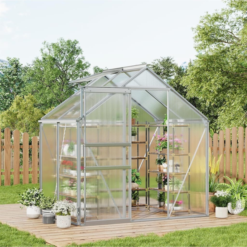 6x4FT Walk-in Polycarbonate Greenhouse for Outdoors Winter Gardening, Silver