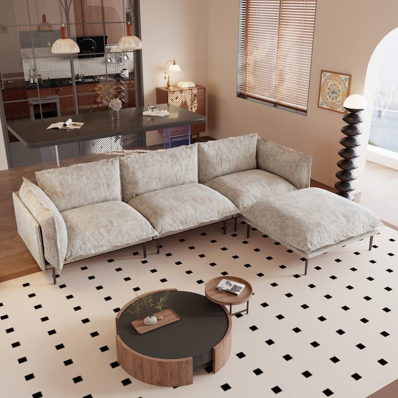 111.02'' Down Filled Sectional Sofa Couch Chenille Fabric Upholstery L-Shaped Sofa with Ottoman
