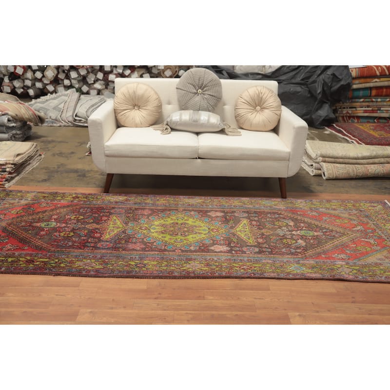 Hand Knotted Oriental 100% Wool Carpet Traditional Floral Brown Hamedan Runner Rug - 10' 8'' X 3' 8''