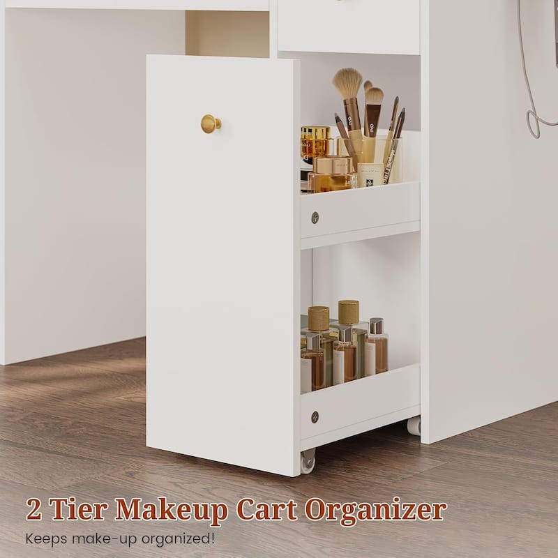 Vanity Desk with Mirror and Lights Power Outlet Drawers 3 Light Modes