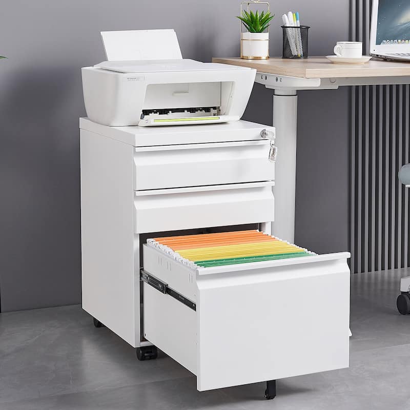 Modern Mobile File Cabinet, Stylish File Cabinet with 3 Drawers, 5 Casters and Lock, for Offices and Studies, White - White