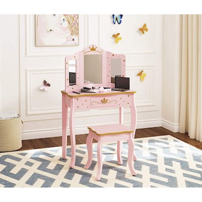 UTEX Pretend Play Kids Vanity Table and Chair Vanity Set with Mirror Makeup Dressing Table with Drawer,Play Vanity Set