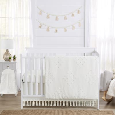 Boho Dot Boy Girl 4pc Nursery Crib Bedding Set - Ivory Beige Cream Off White Bohemian Shabby Chic Modern Farmhouse Geometric
