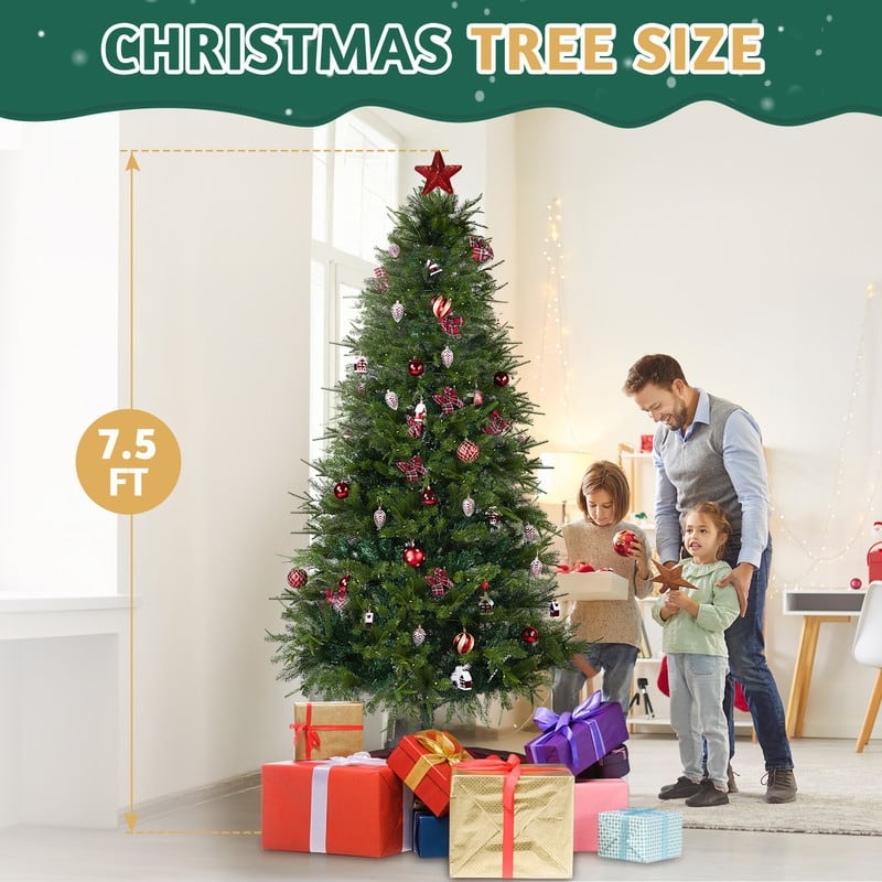 7.5 FT Artificial Christmas Tree with LED Lights, Hinged Xmas Pine Tree with Tree Skirt and Holiday Ornaments for Holiday Party