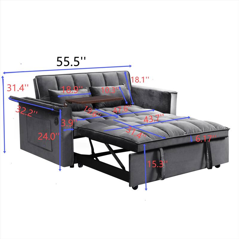 Convertible Sofa Bed, Velvet Sleeper Couch Pull-Out Bed, 55.5'' Loveseat Sleeper Sofa Bed with USB Port and Hidden Side Table