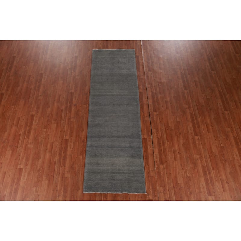 Hand Knotted Oriental 100% Wool Carpet Modern Solid Greys & Charcoal Gabbeh Runner Rug - 10' 1'' X 3' 1''